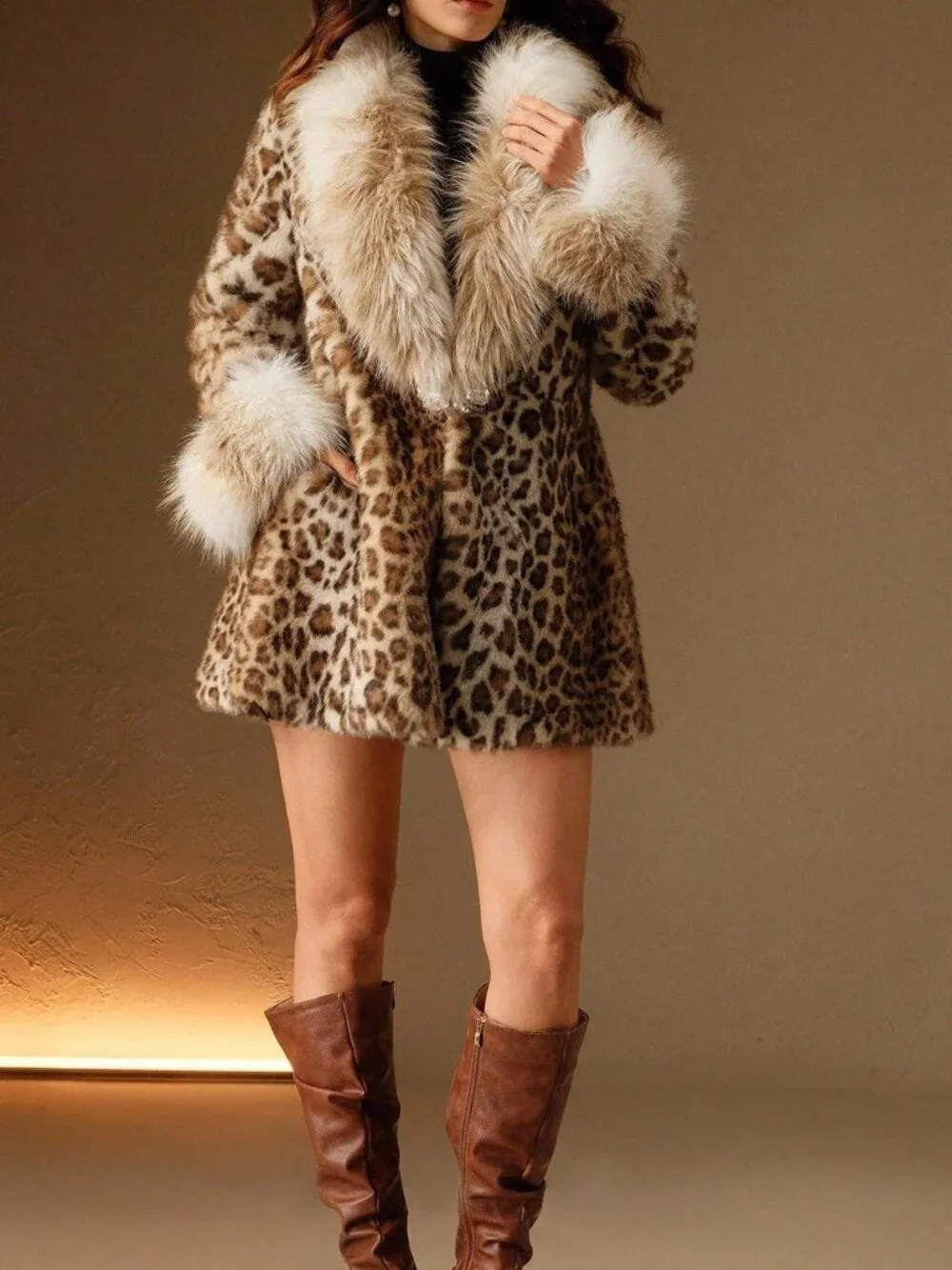 Brown Casual Women's Leopard Pattern Fluffy Fuzzy Coat
